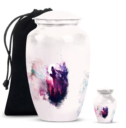Wolf Urn for Human Ashes, White Watercolor Howling at the Moon, Classic Urn
