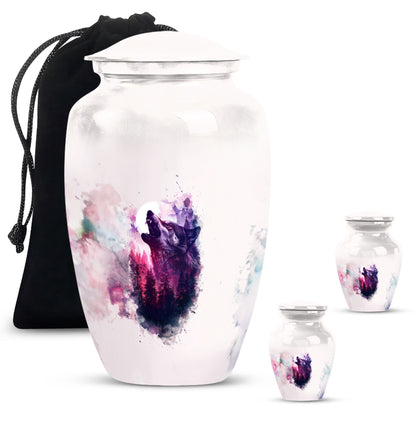 Wolf Urn for Human Ashes, White Watercolor Howling at the Moon, Classic Urn