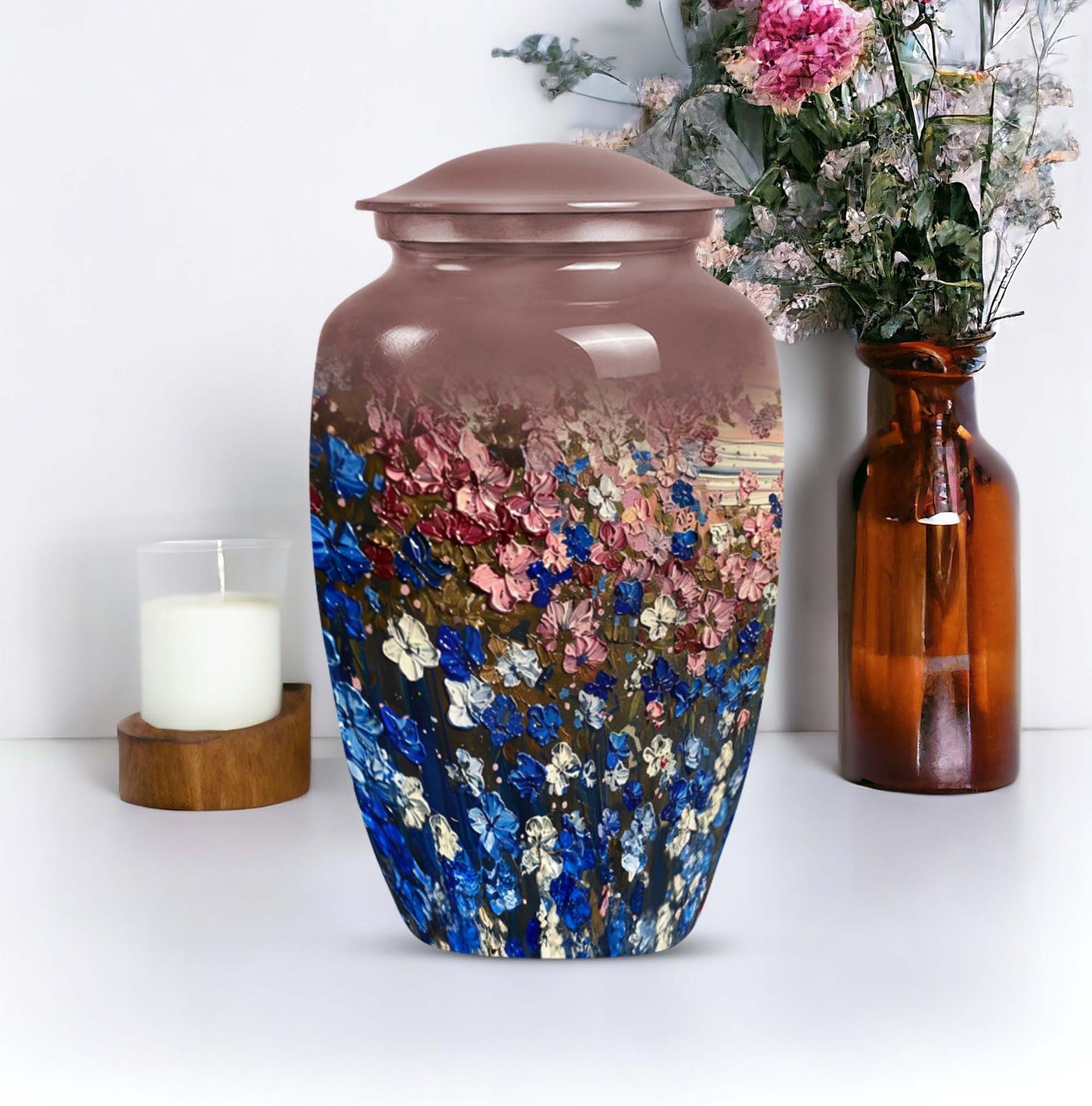 FLOWERS Urn, memorial ash urn for adults.