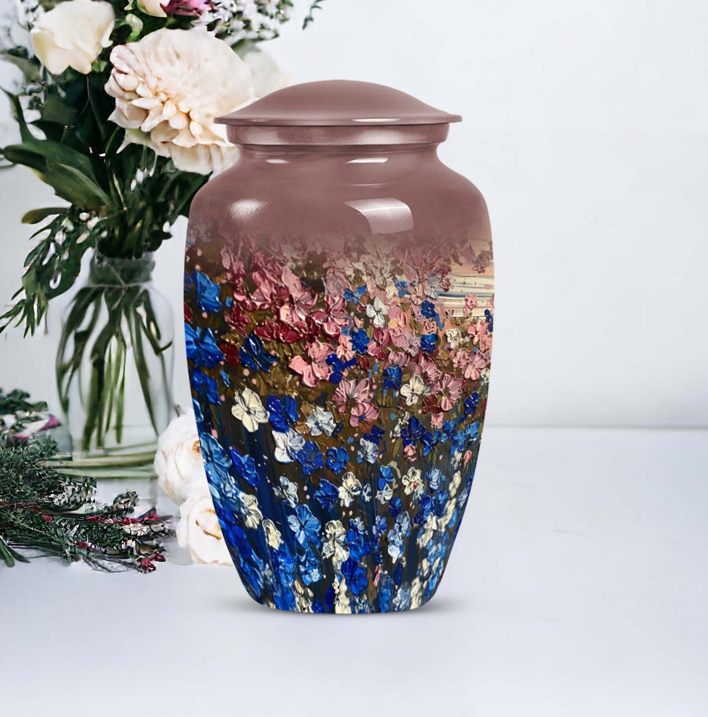 FLOWERS Urn, memorial ash urn for adults.