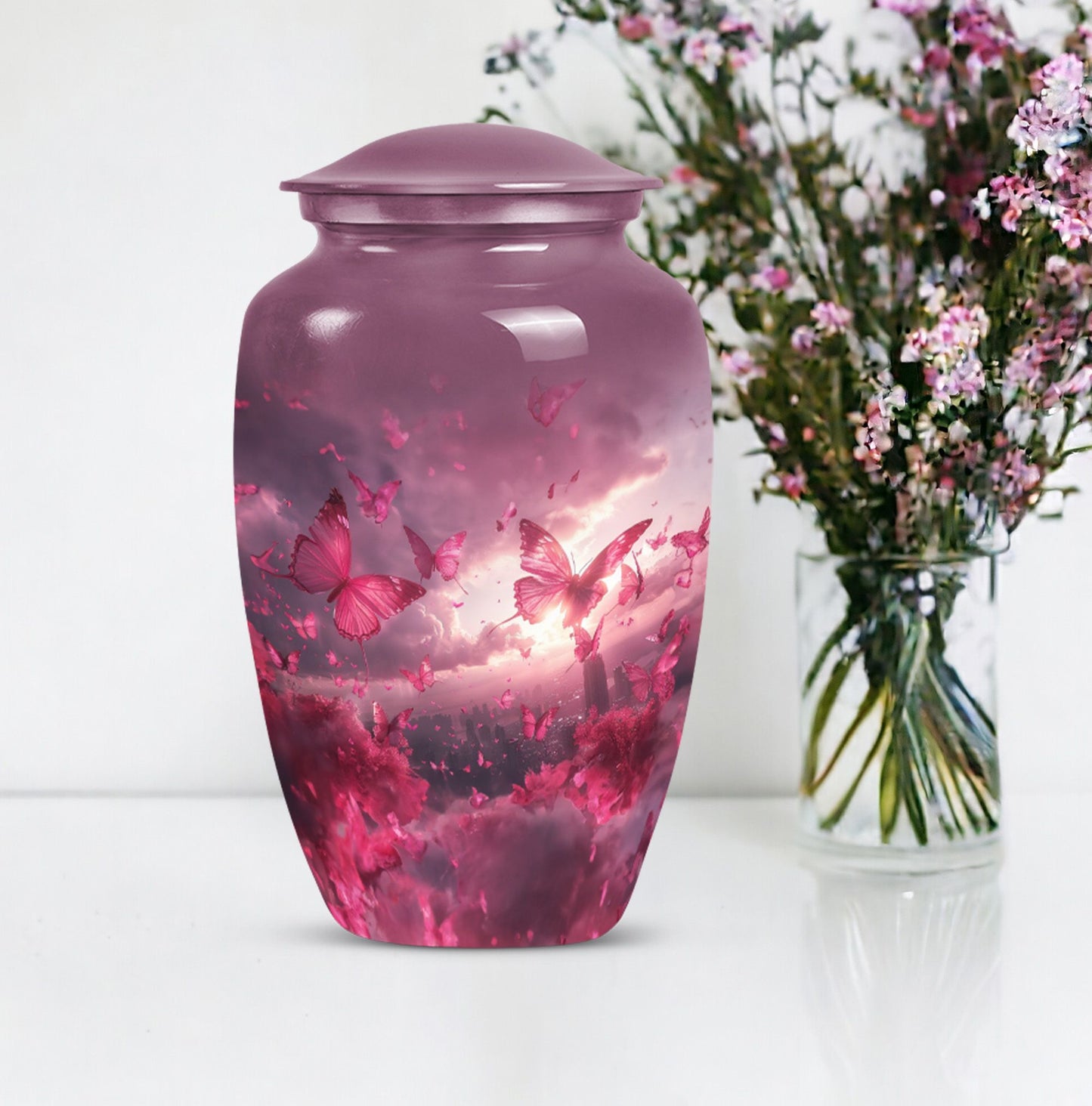 pink butterfly urn for dad, large cremation urn