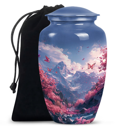 Pink butterfly-themed cremation urn for adult male