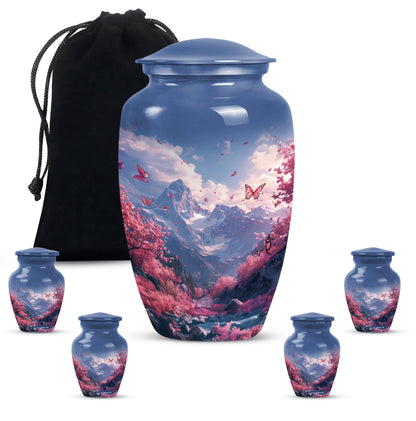 Pink butterfly-themed cremation urn for adult male