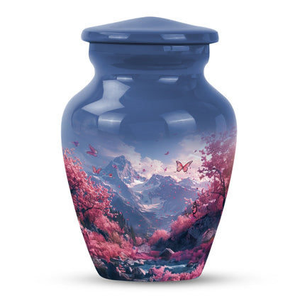 Pink butterfly-themed cremation urn for adult male