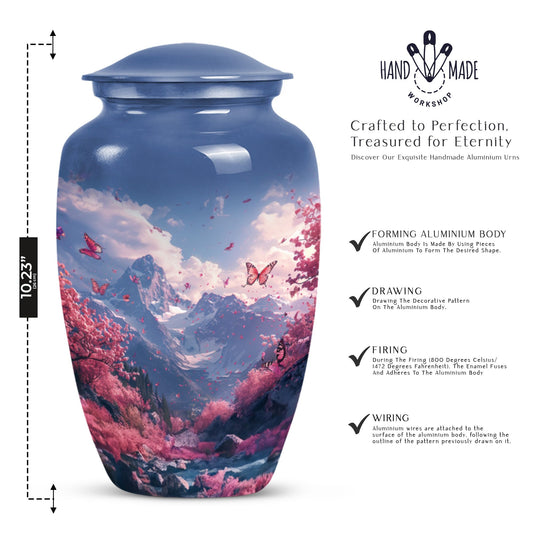 Pink butterfly-themed cremation urn for adult male