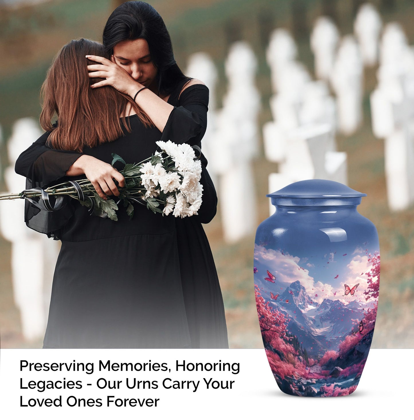 Pink butterfly-themed cremation urn for adult male