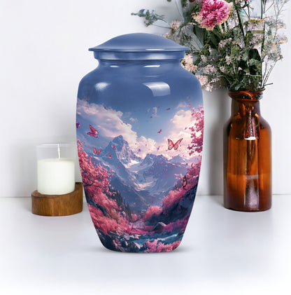 Pink butterfly-themed cremation urn for adult male