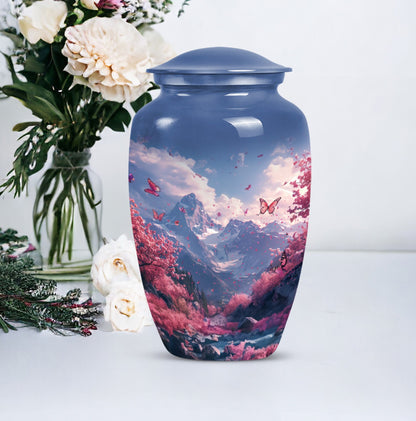 Pink butterfly-themed cremation urn for adult male