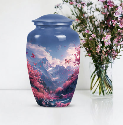Pink butterfly-themed cremation urn for adult male