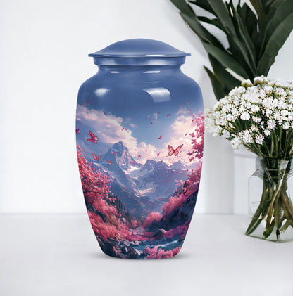 Pink butterfly-themed cremation urn for adult male