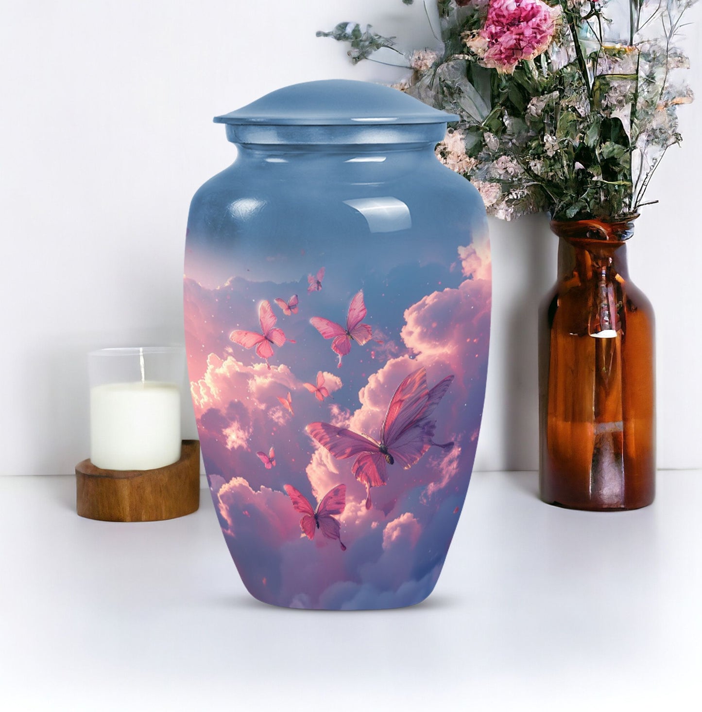 Classic 10-inch pink butterfly design cremation urn 