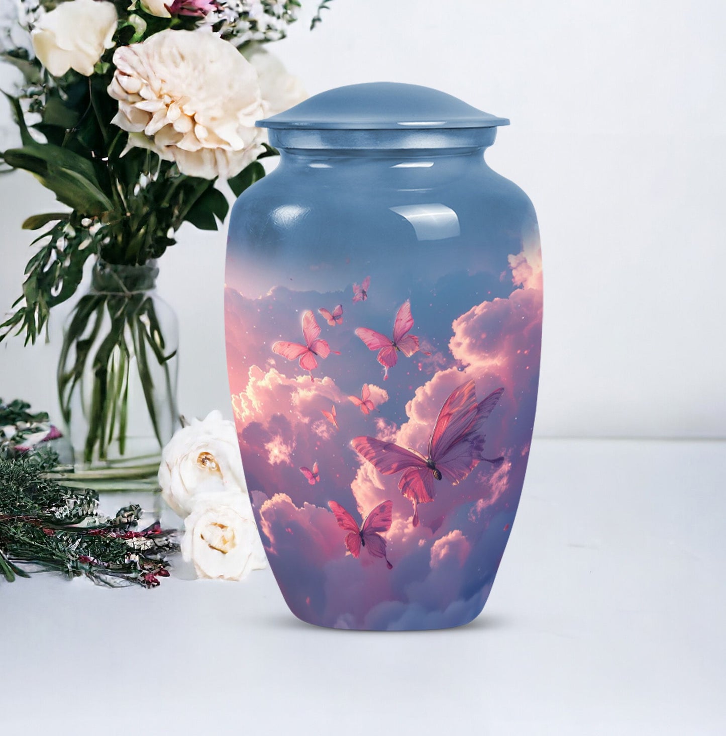 Classic 10-inch pink butterfly design cremation urn 