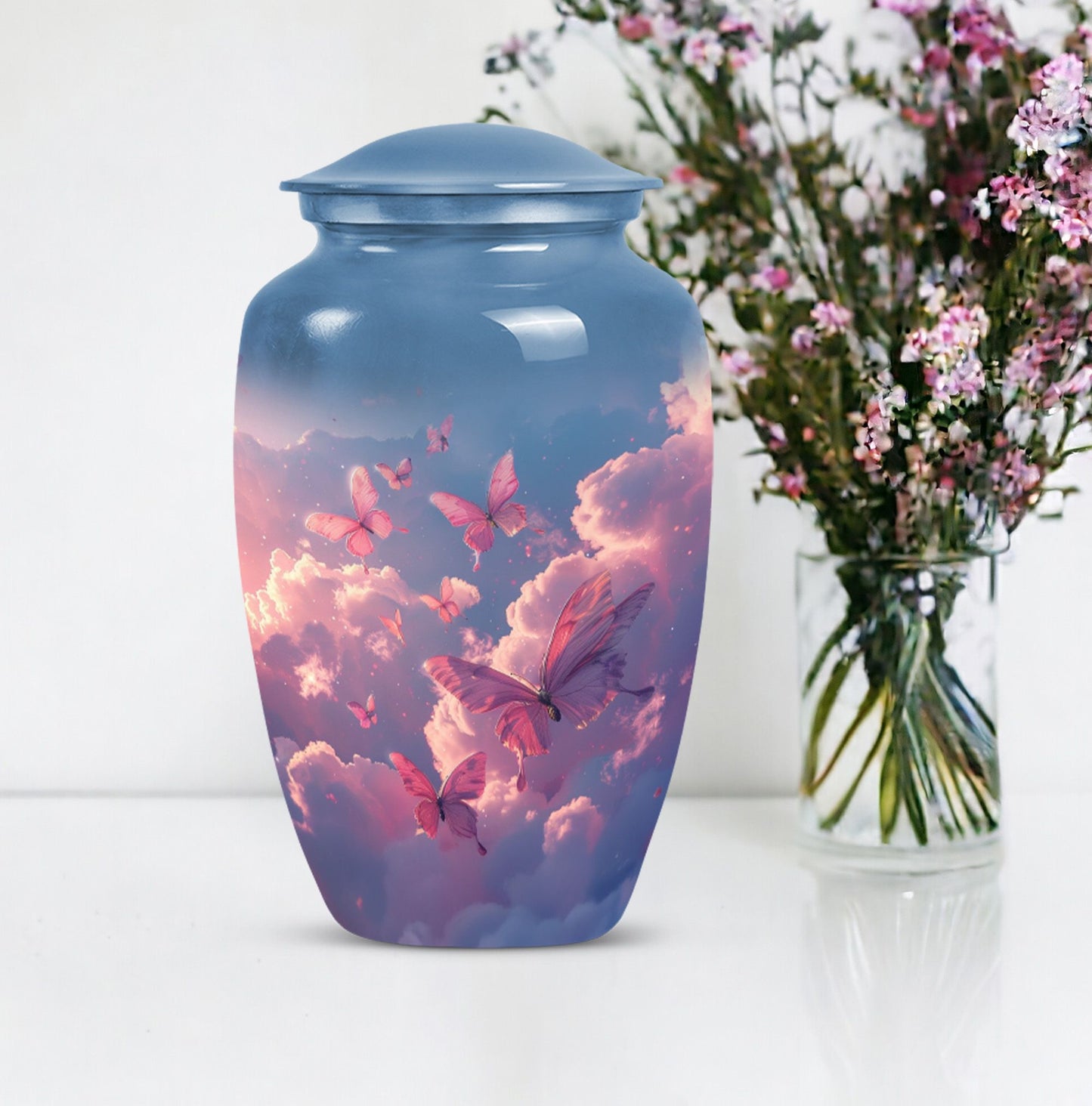 Classic 10-inch pink butterfly design cremation urn 