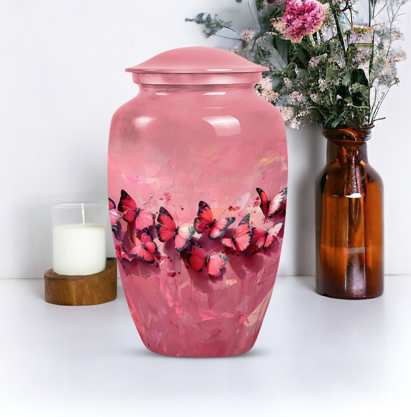  pink butterfly urn, made large funeral urn for human ashes
