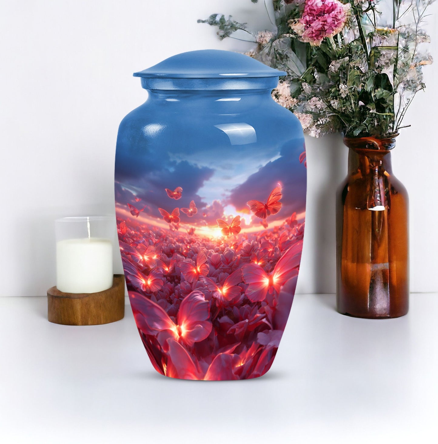 pink butterfly urn, large memorial urn for human ashes