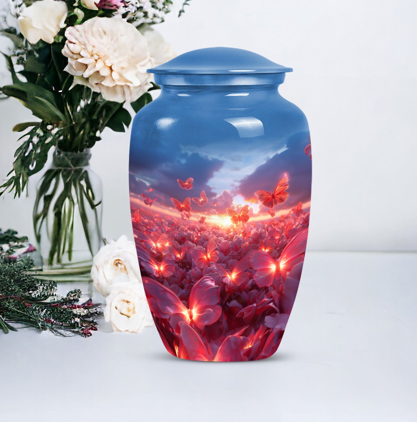 pink butterfly urn, large memorial urn for human ashes