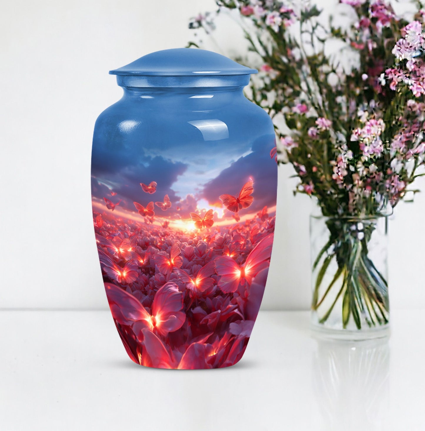 pink butterfly urn, large memorial urn for human ashes