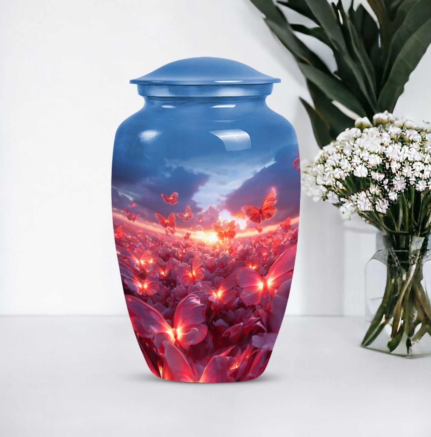 pink butterfly urn, large memorial urn for human ashes