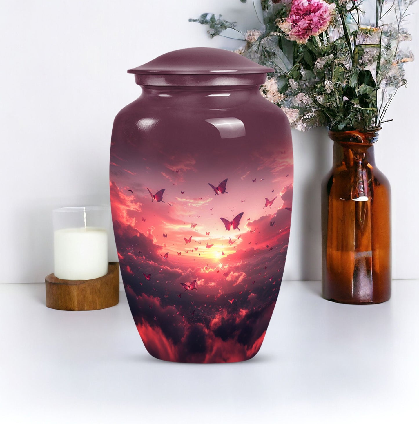 10-inch pink butterfly urn.