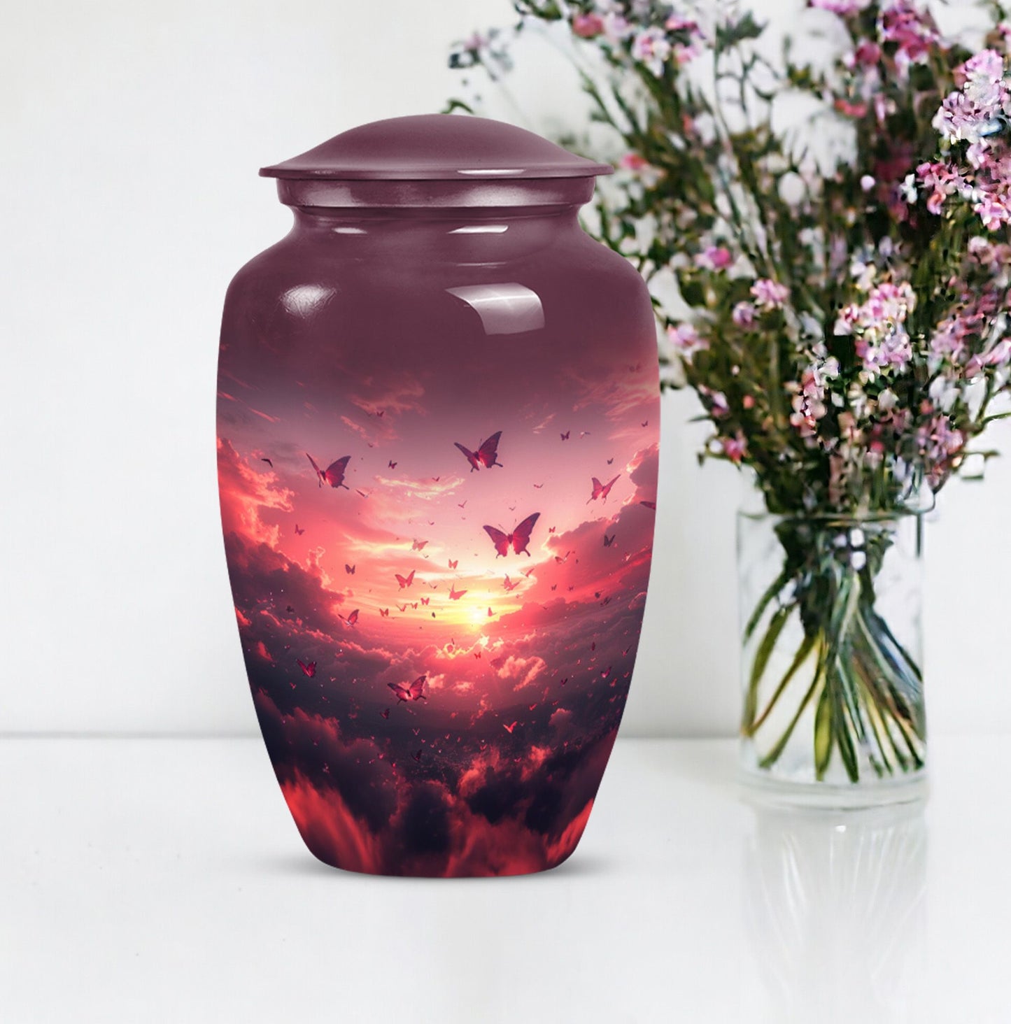 10-inch pink butterfly urn.