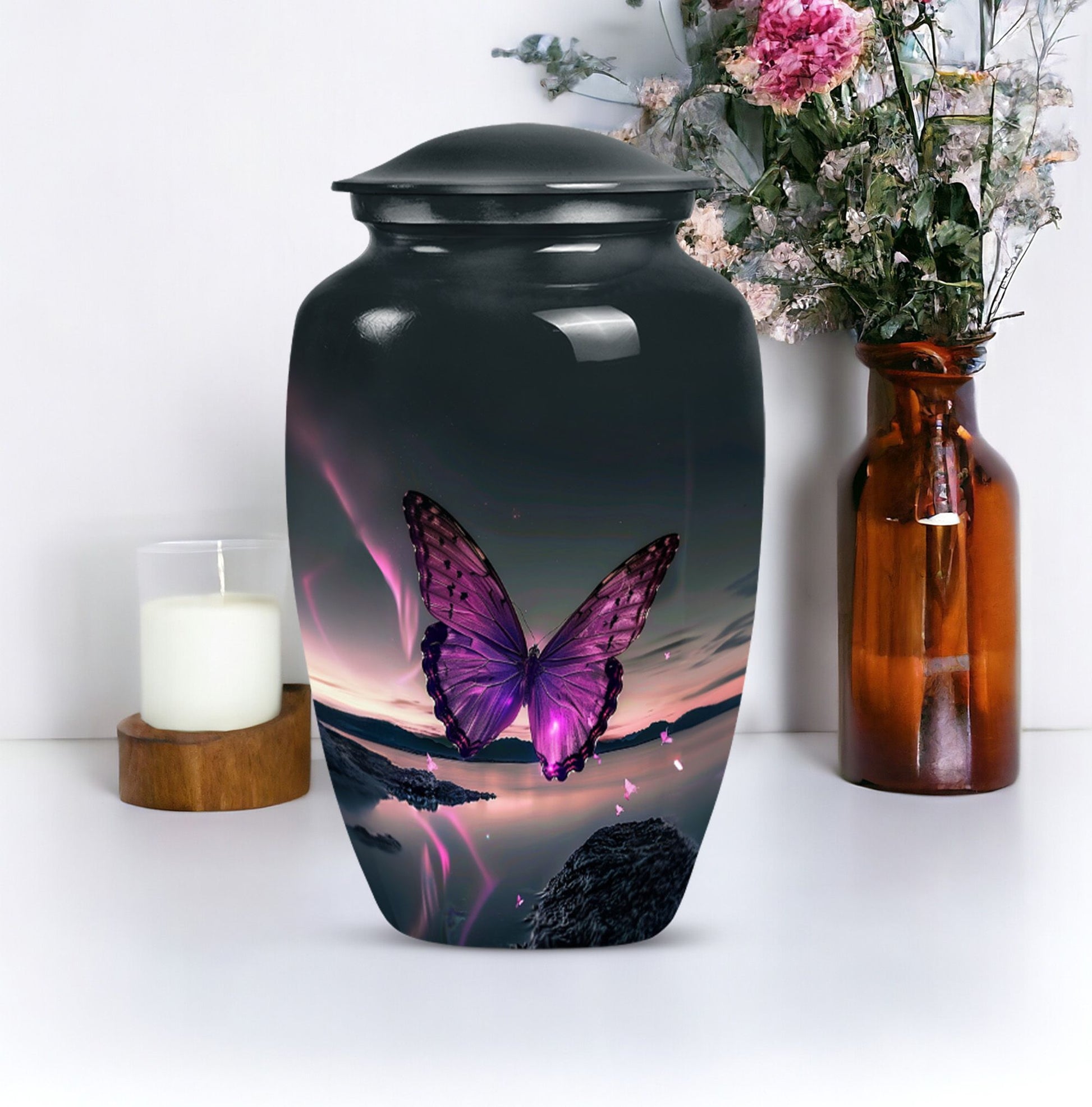 purple butterfly design classic urn for human ashes