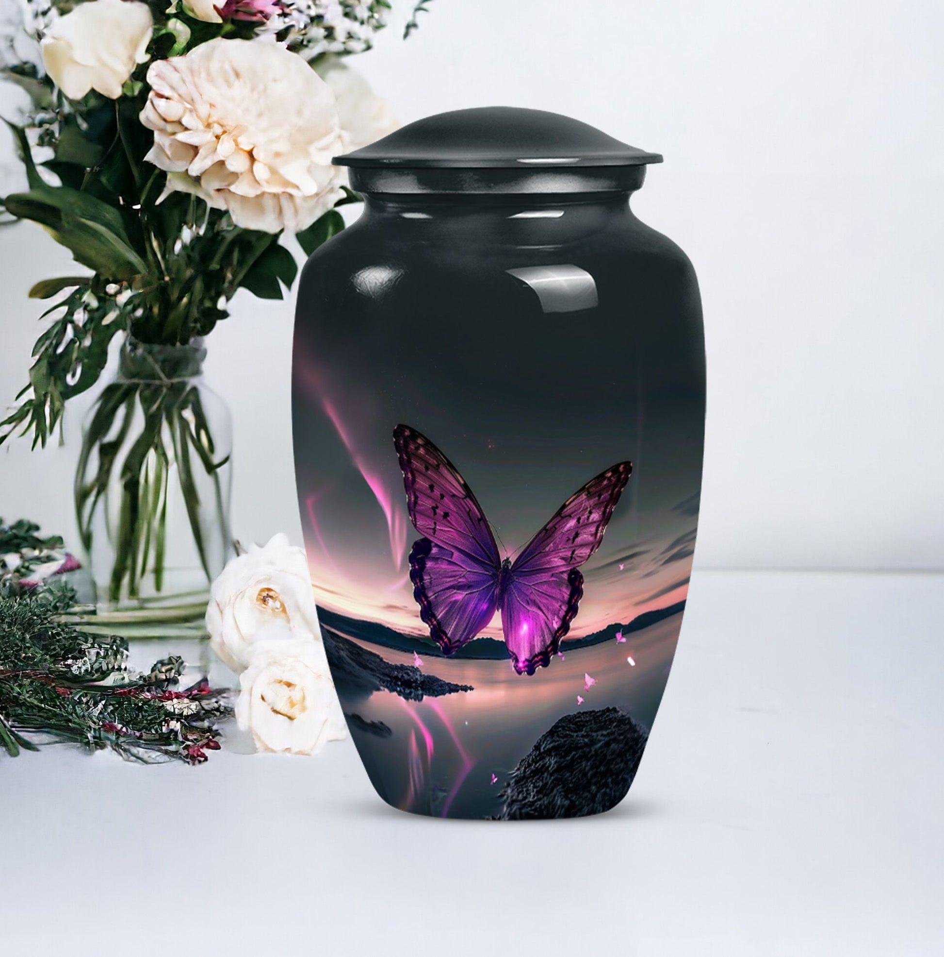 purple butterfly design classic urn for human ashes