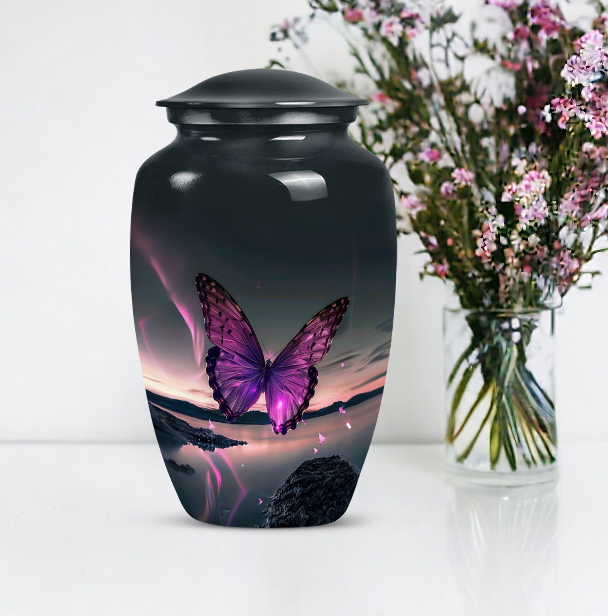purple butterfly design classic urn for human ashes