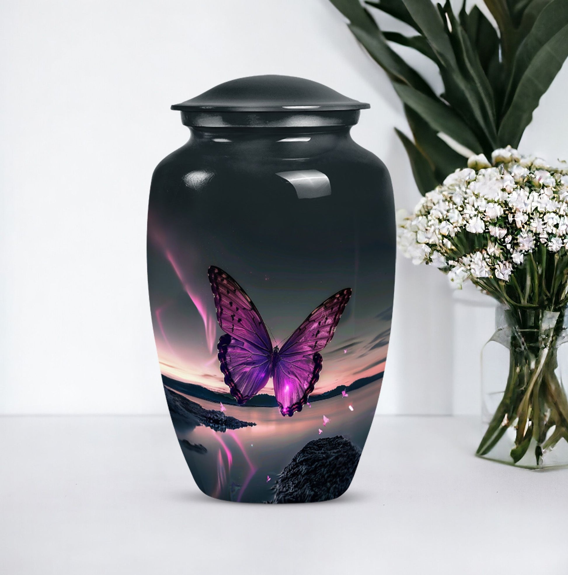 purple butterfly design classic urn for human ashes