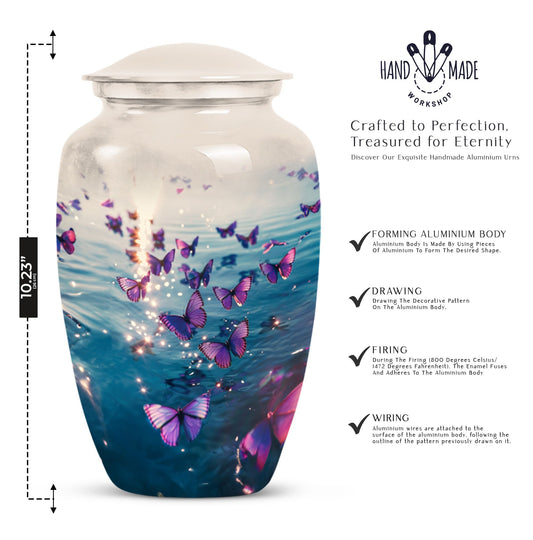Classic 10-inch purple butterfly urn for adult human ashes,