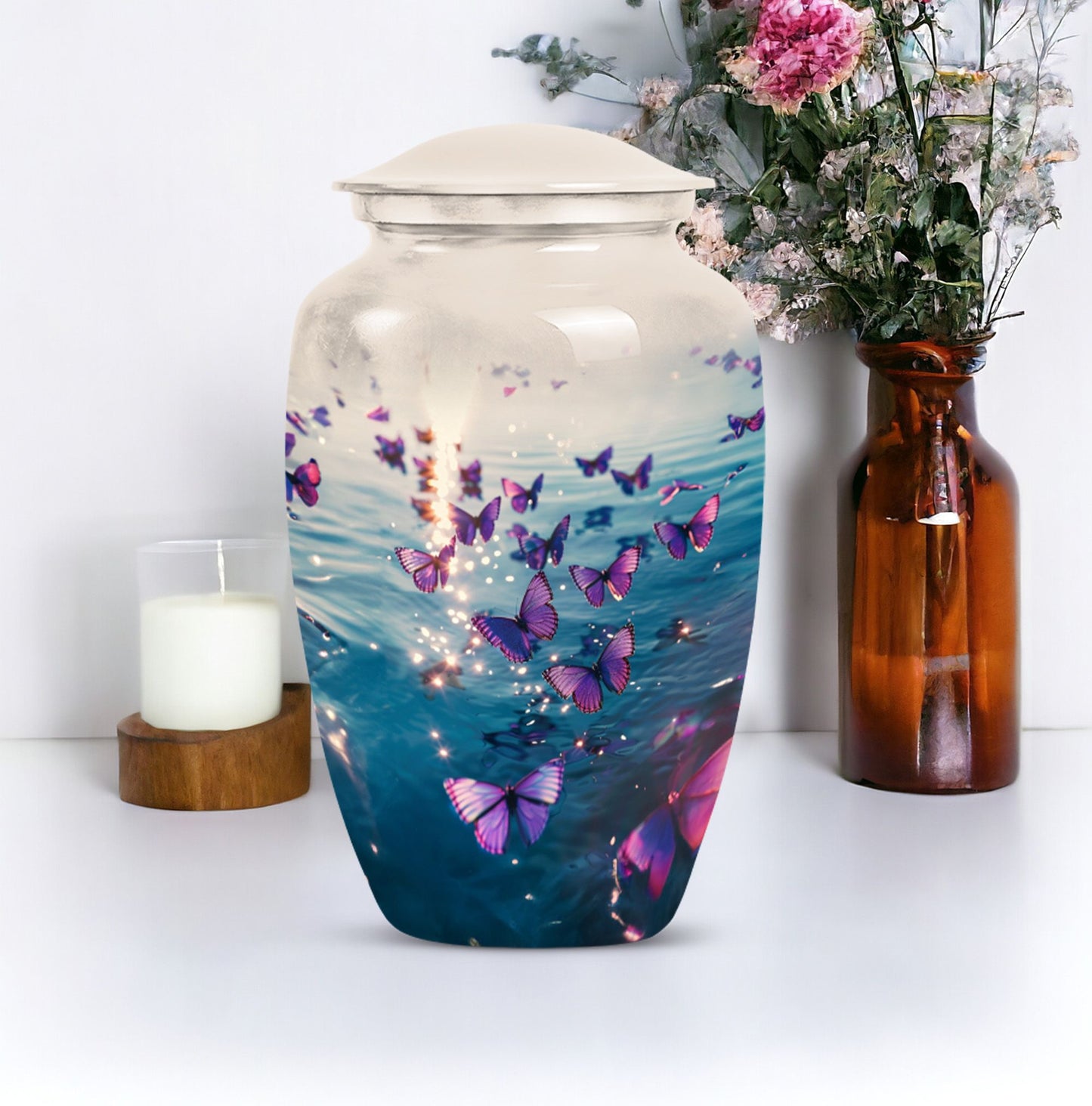 Classic 10-inch purple butterfly urn for adult human ashes,
