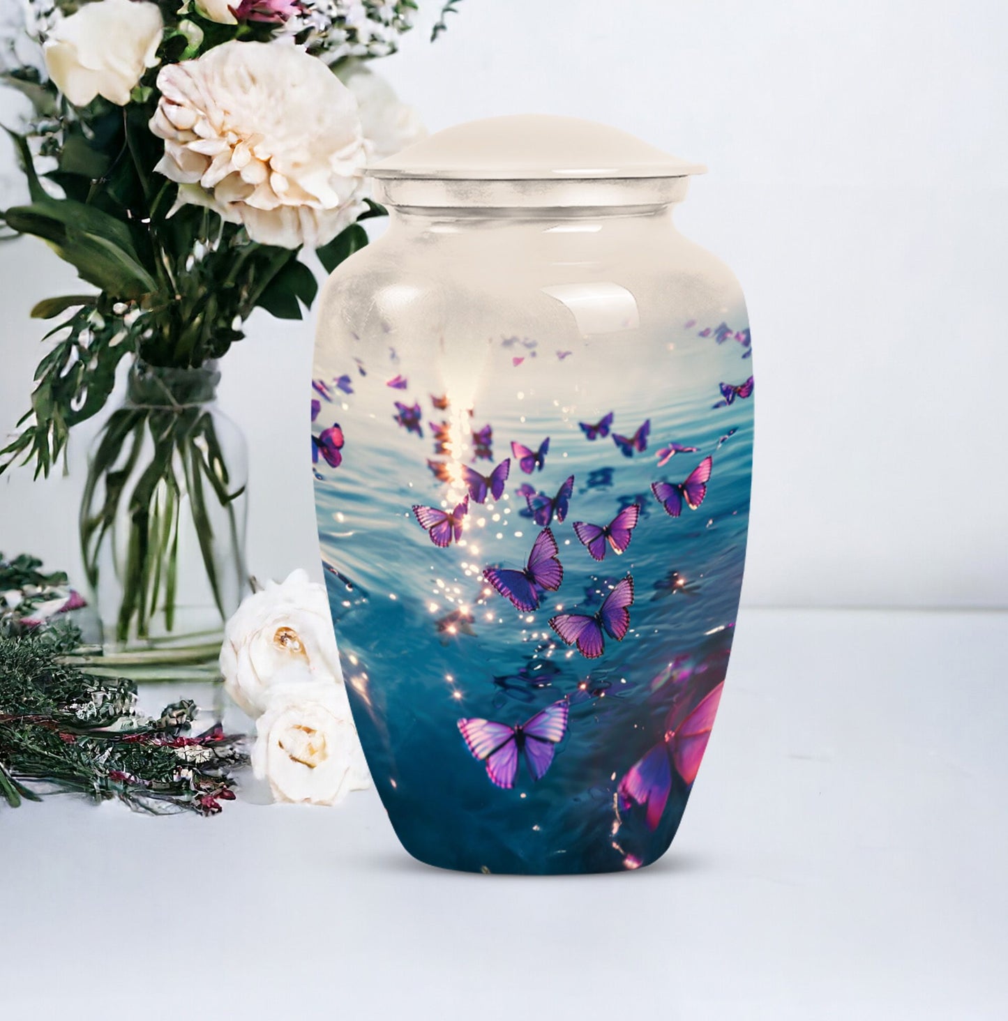Classic 10-inch purple butterfly urn for adult human ashes,