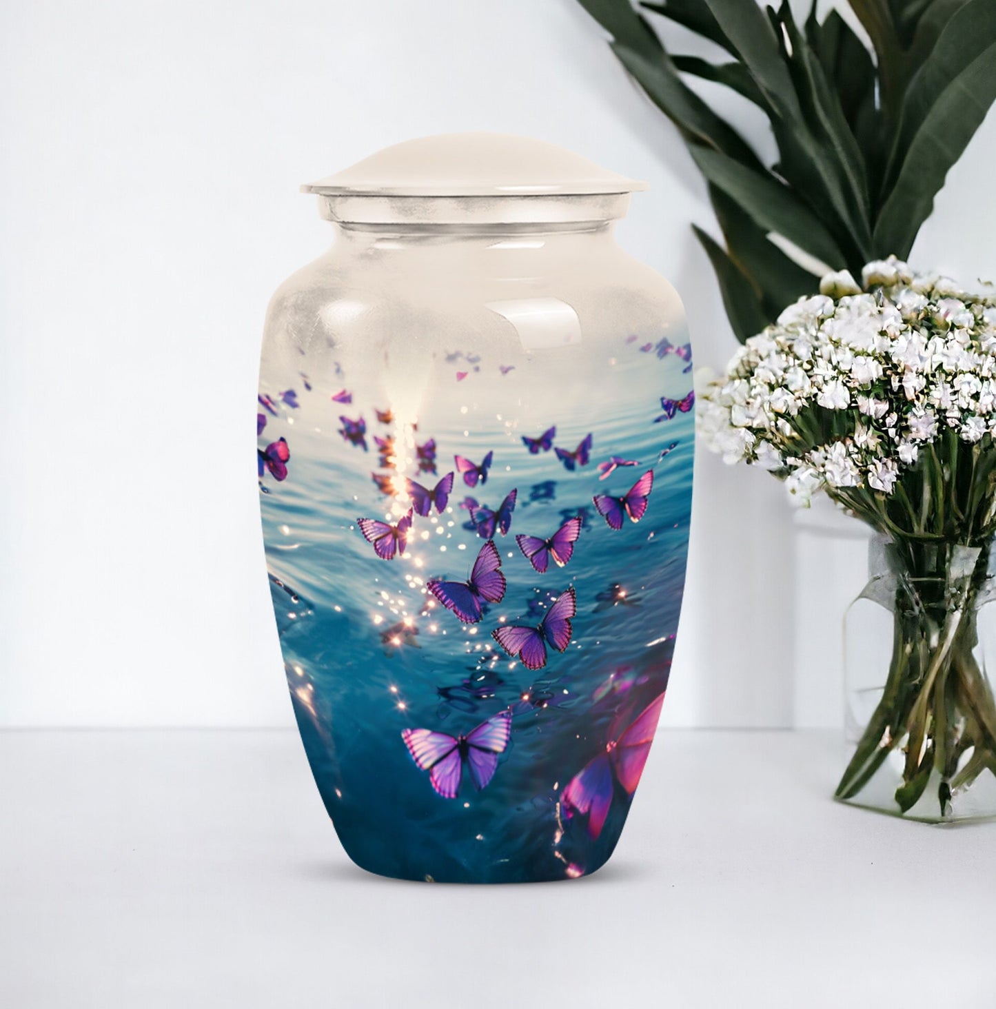 Classic 10-inch purple butterfly urn for adult human ashes,
