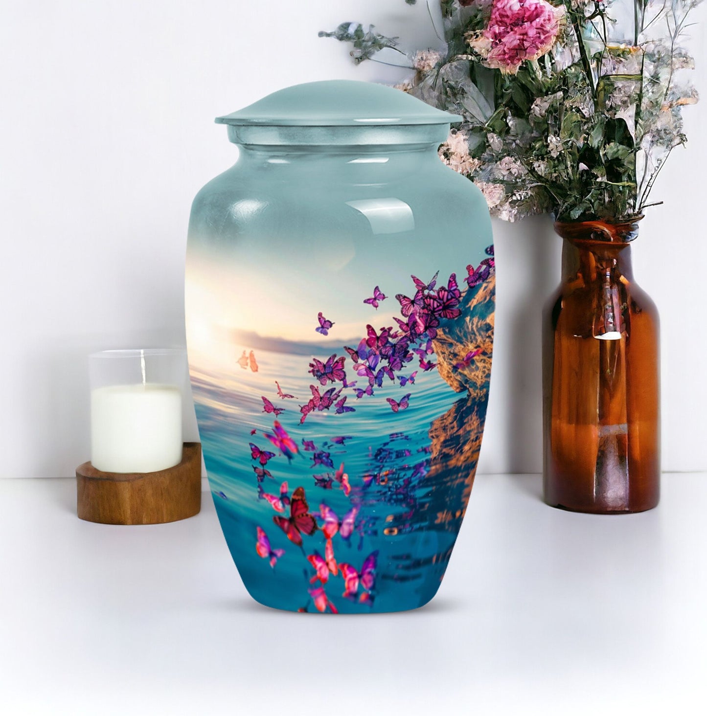 butterfly-themed large urn for adult ashes