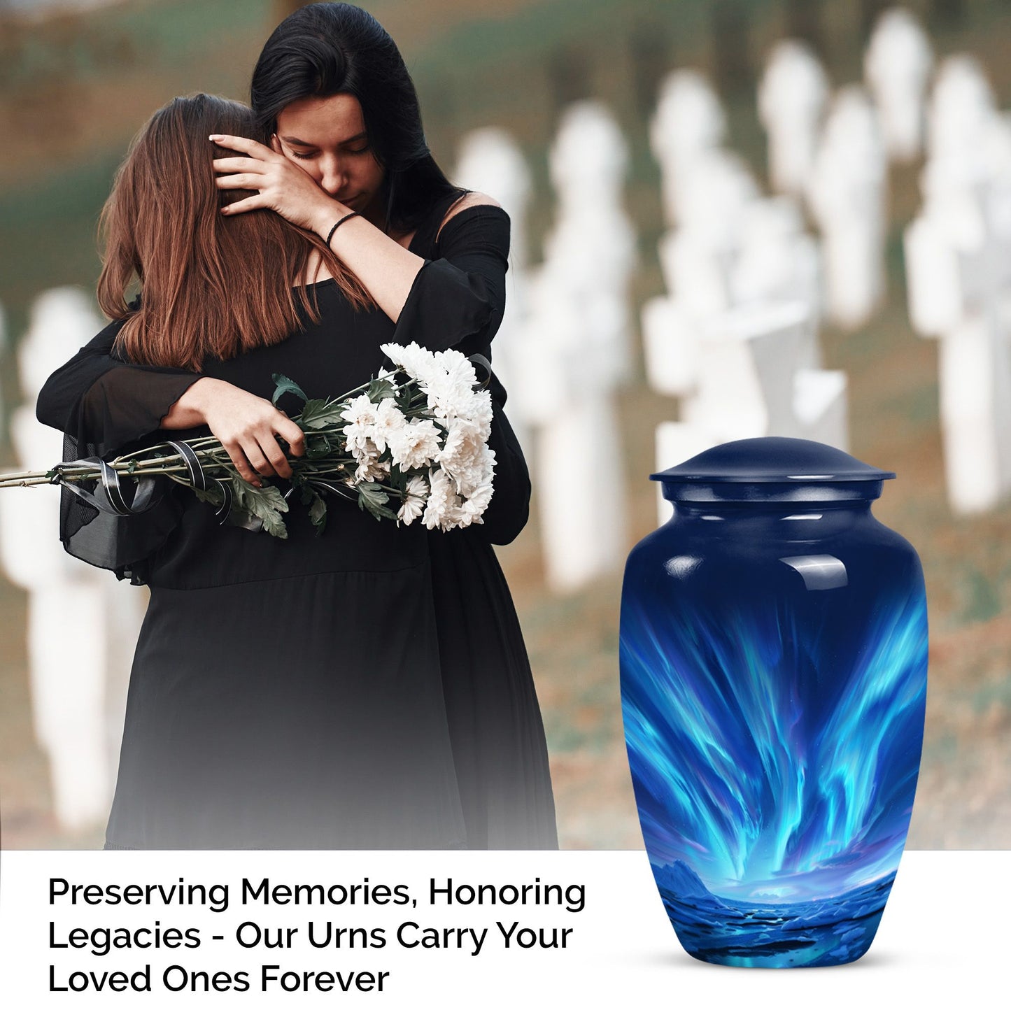 Large Aurora Borealis funeral urn with butterfly design,