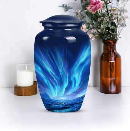 Large Aurora Borealis funeral urn with butterfly design,