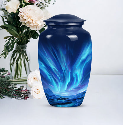 Large Aurora Borealis funeral urn with butterfly design,