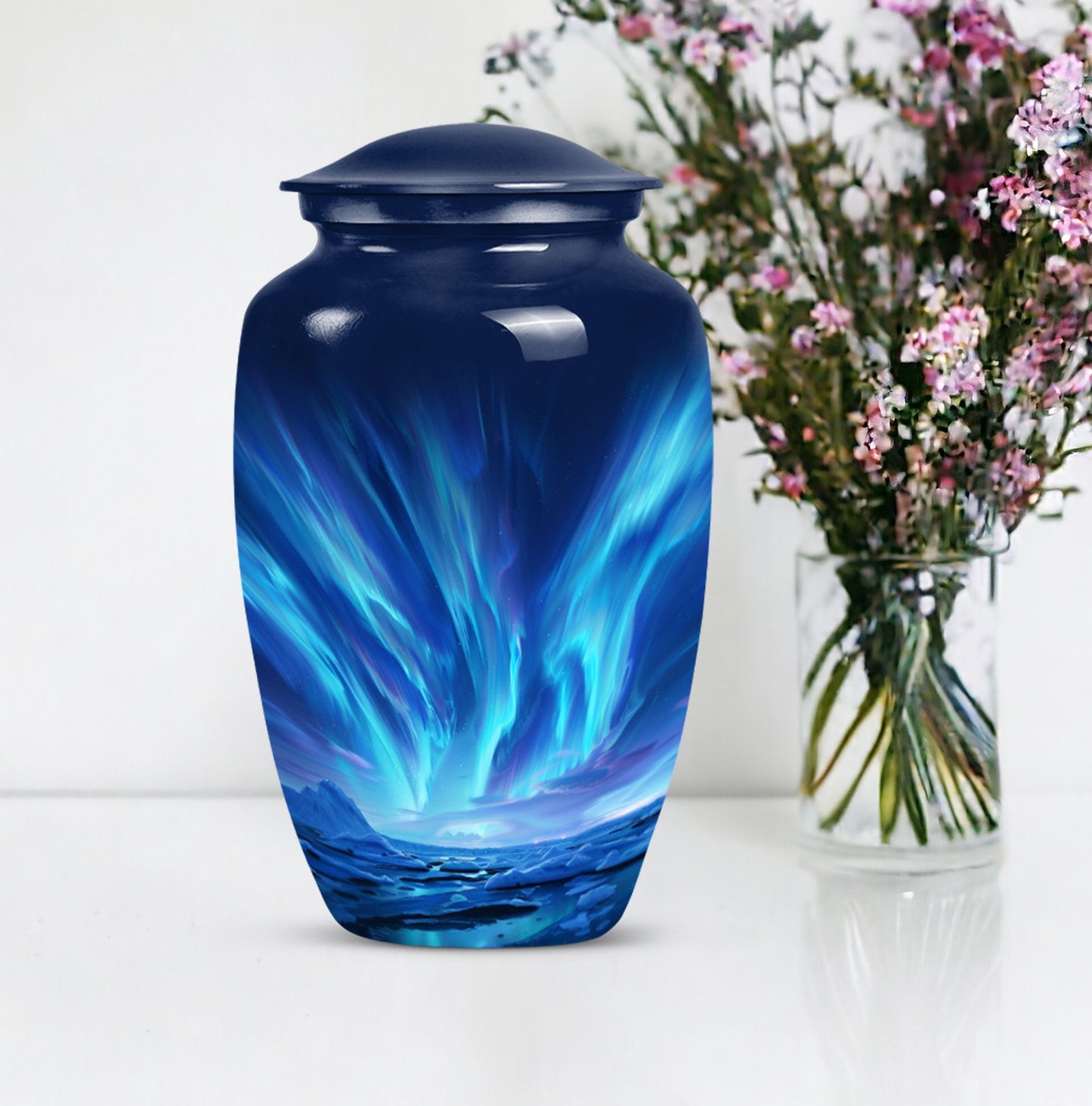 Large Aurora Borealis funeral urn with butterfly design,