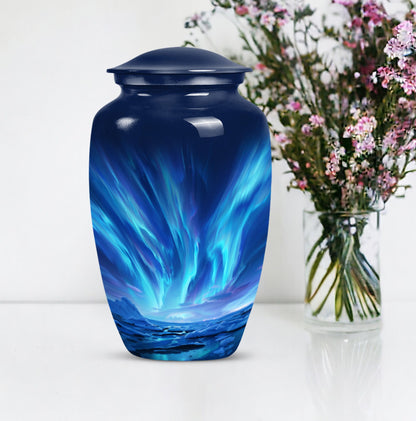 Large Aurora Borealis funeral urn with butterfly design,