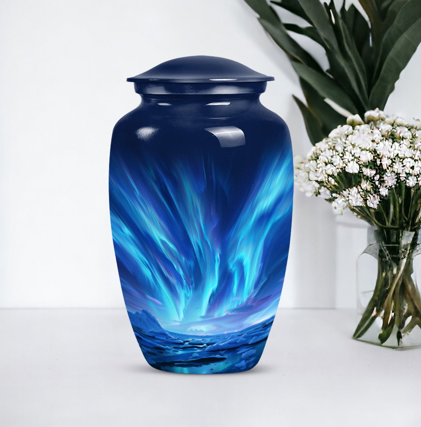 Large Aurora Borealis funeral urn with butterfly design,