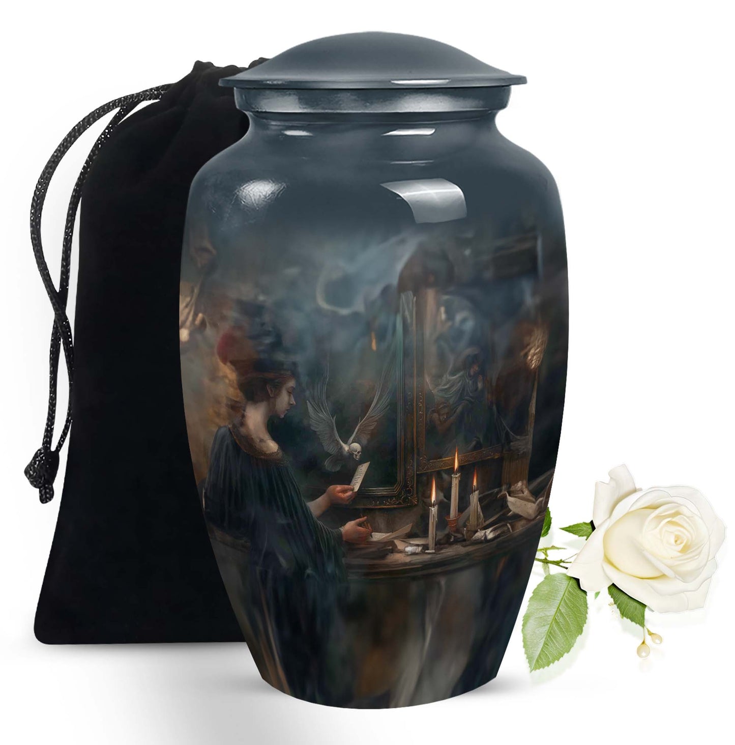 10-inch aluminum Tarot Urn, classic design cremation urn for burial, comes with velvet pouch