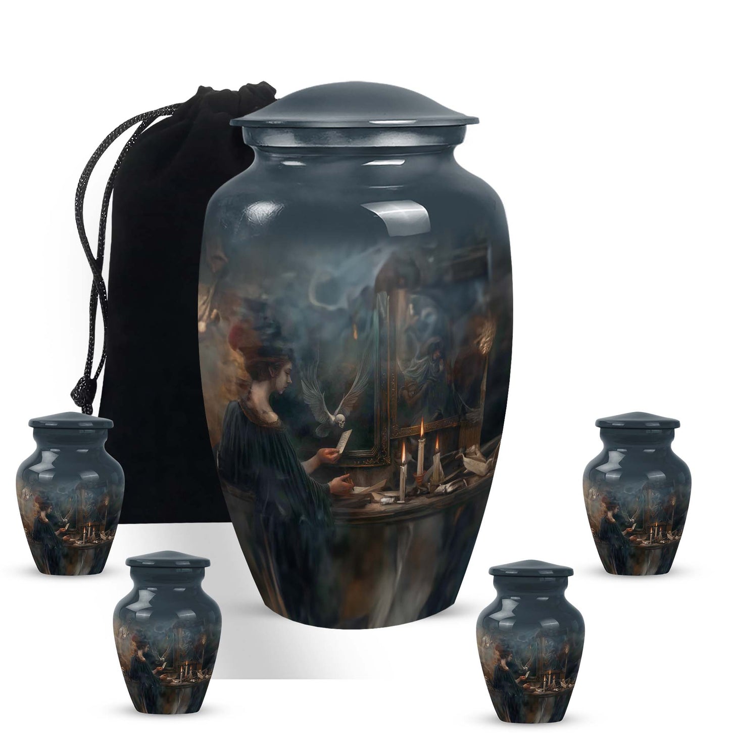 10-inch aluminum Tarot Urn, classic design cremation urn for burial, comes with velvet pouch
