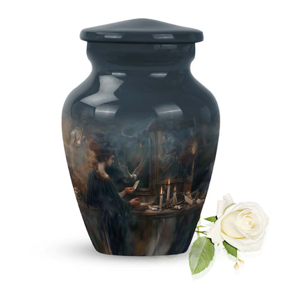 10-inch aluminum Tarot Urn, classic design cremation urn for burial, comes with velvet pouch