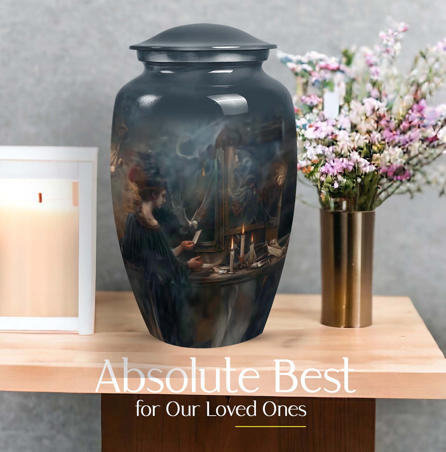 10-inch aluminum Tarot Urn, classic design cremation urn for burial, comes with velvet pouch