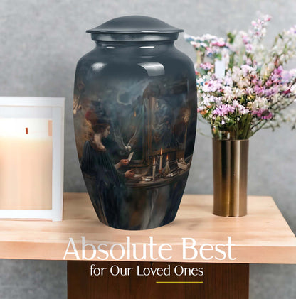 10-inch aluminum Tarot Urn, classic design cremation urn for burial, comes with velvet pouch