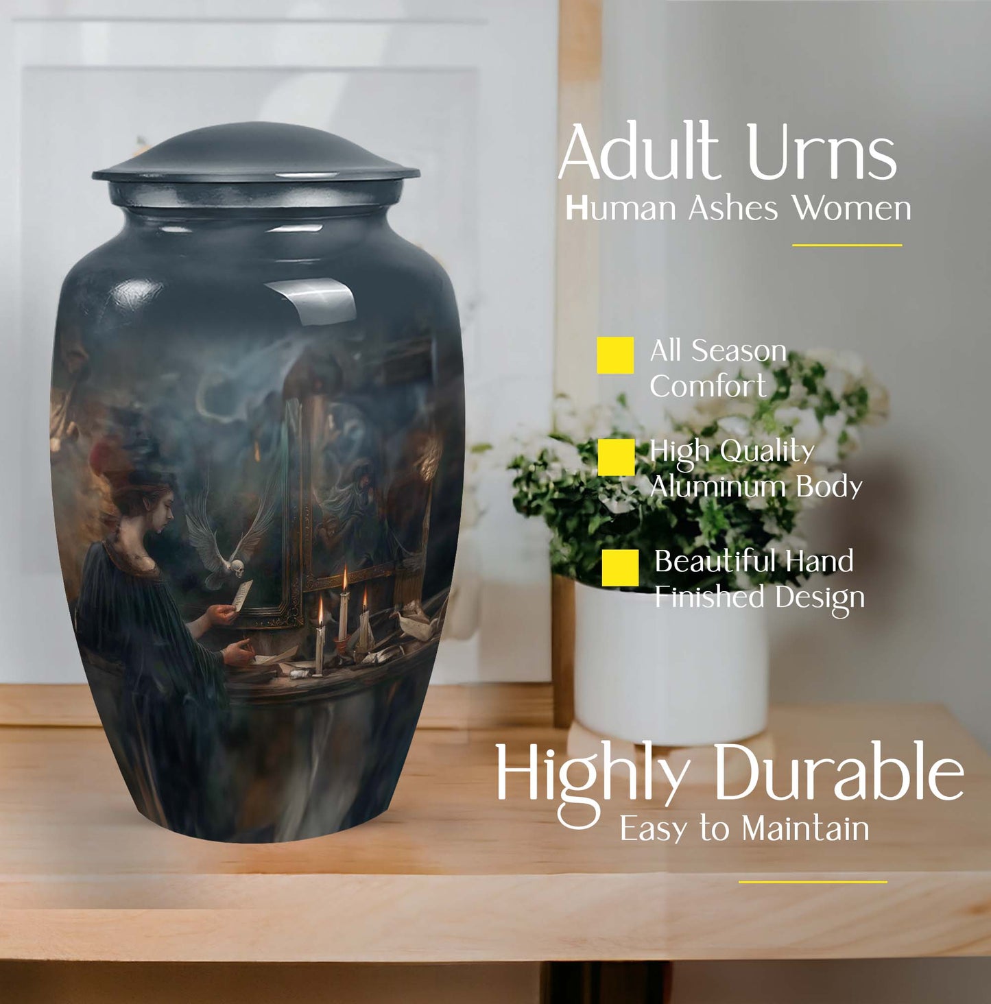 10-inch aluminum Tarot Urn, classic design cremation urn for burial, comes with velvet pouch