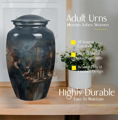 10-inch aluminum Tarot Urn, classic design cremation urn for burial, comes with velvet pouch