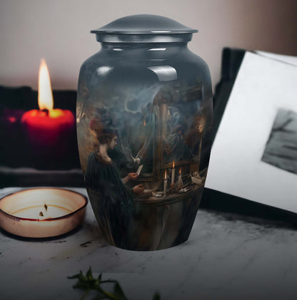 10-inch aluminum Tarot Urn, classic design cremation urn for burial, comes with velvet pouch