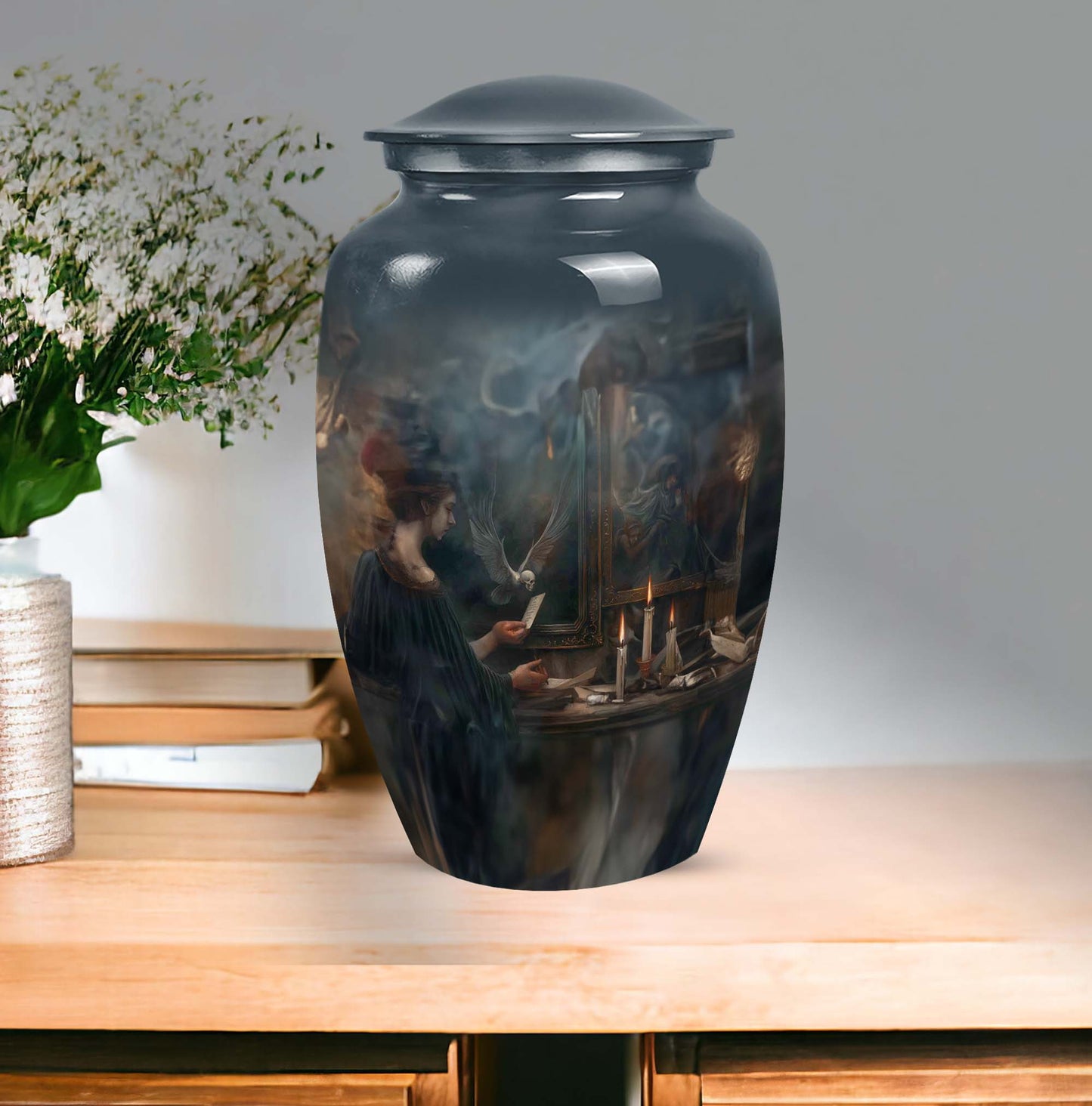 10-inch aluminum Tarot Urn, classic design cremation urn for burial, comes with velvet pouch