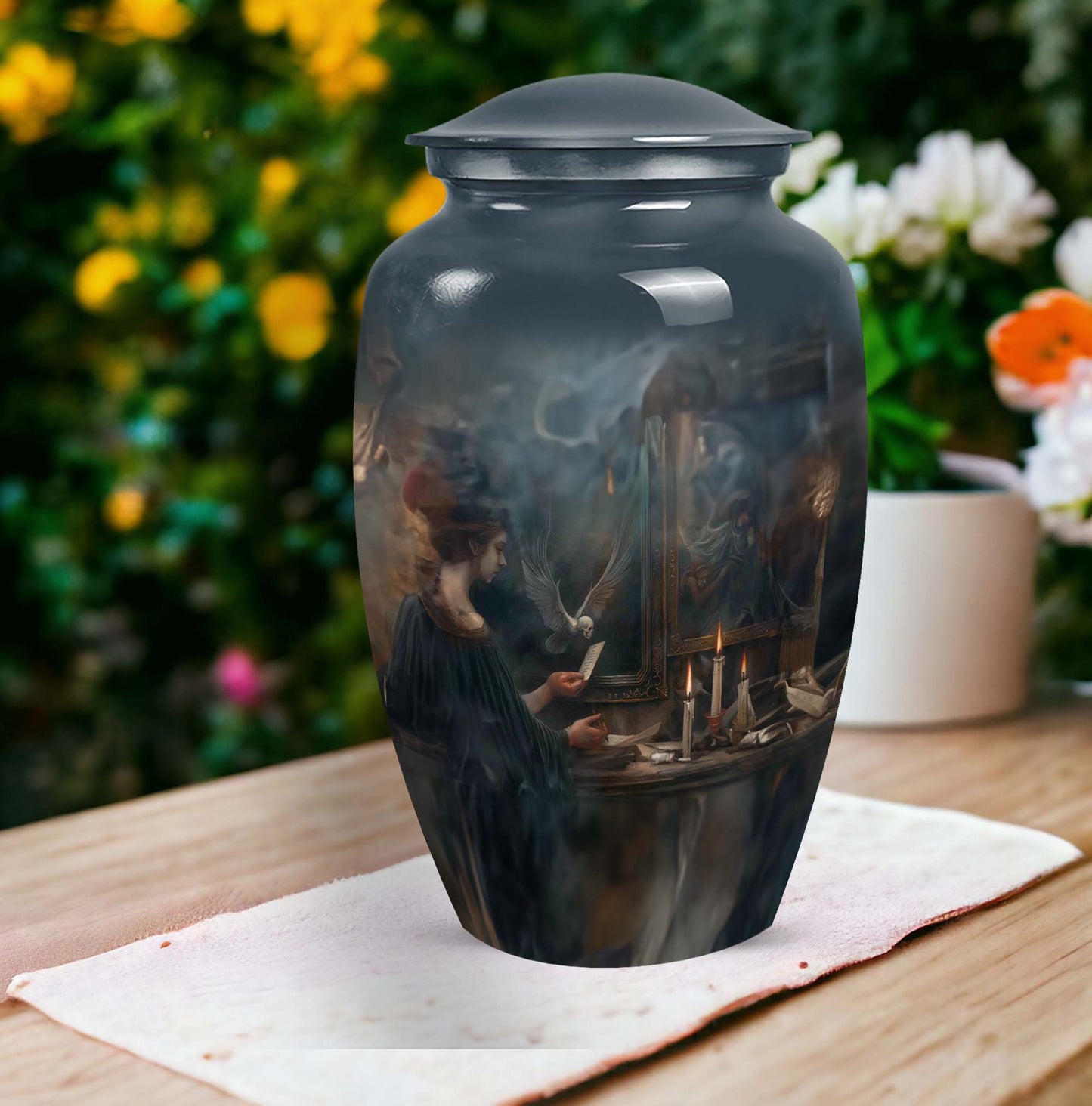 10-inch aluminum Tarot Urn, classic design cremation urn for burial, comes with velvet pouch