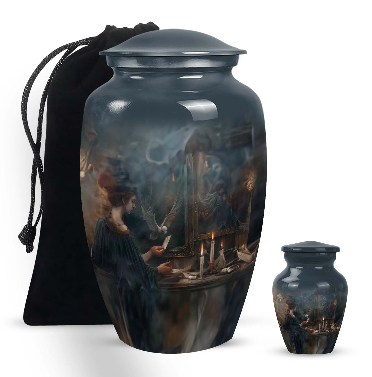 10-inch aluminum Tarot Urn, classic design cremation urn for burial, comes with velvet pouch